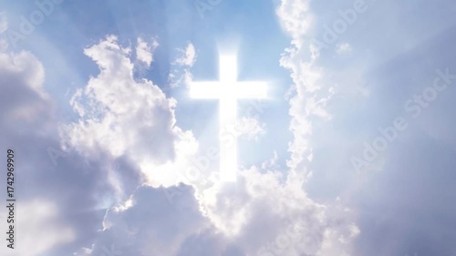 Christian cross appears bright in the sky background dolly camera zoom in video footage	
