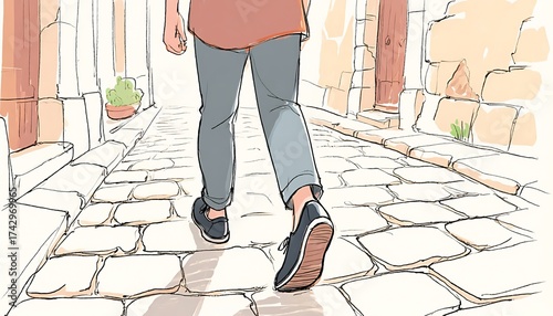 Illustration of a Person Walking on a Cobblestone Street with Stone Buildings and Columns in the Background