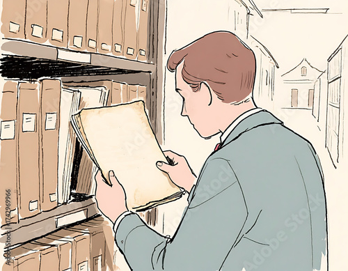 Illustration of a Man Reviewing Documents in an Archive, Surrounded by Shelves of Files, with a Building Visible in the Background