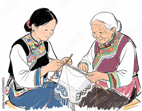 Illustration of a Young Woman and Elderly Woman Knitting Together, Depicting Intergenerational Connection and Traditional Craft