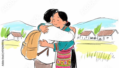 Illustration of a Warm Embrace Between a Woman and a Man with a Backpack in a Rural Setting
