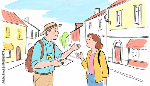Cartoon Illustration of a Tourist Asking a Local for Directions in a Picturesque European Town