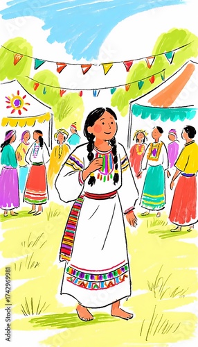 Colorful Illustration of a Woman in Traditional Clothing at an Outdoor Market with Festive Decorations