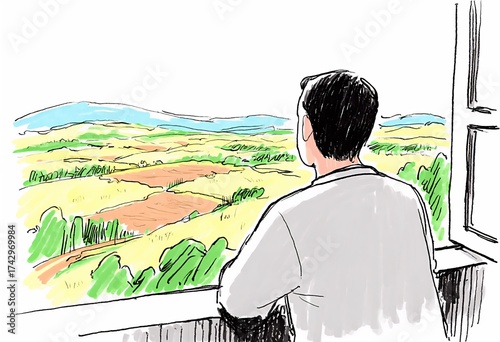 Man Gazing at a Vast Landscape from a Window in a Watercolor Style Illustration
