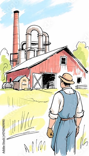 Illustration of a Man Looking at a Farmhouse and Industrial Chimney, Watercolor Style