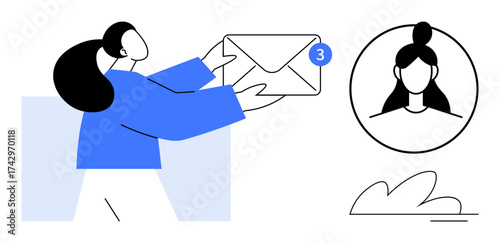 Person holding envelope with notification badge and profile avatar connected by digital interaction. Ideal for messaging, email, communication, networking, connection, alert systems, teamwork. Simple
