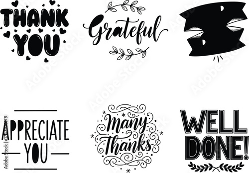 Set of six black and white typographic designs for gratitude appreciation and thanks.