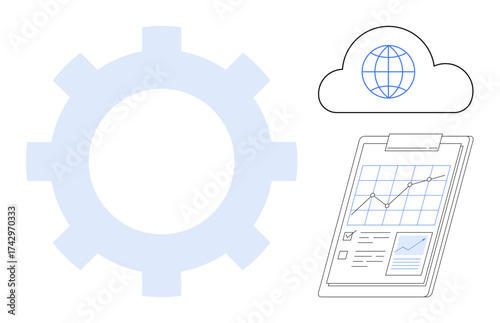 Gear next to cloud computing symbol and data analysis tablet with checklists and graphs. Ideal for technology, process optimization, data management, cloud storage, networking, digital solutions