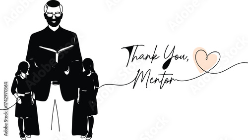 Thank You Mentor illustration featuring a silhouette of a male teacher reading a book to three young students.