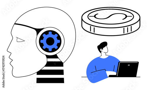 Robotic head with gear, digital currency coin, and working individual at a laptop. Ideal for AI, fintech, innovation, work, digital transformation, automation technology concepts simple flat