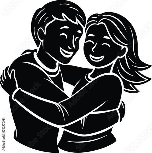 Hugging couple smiling silhouette black vector illustration isolated