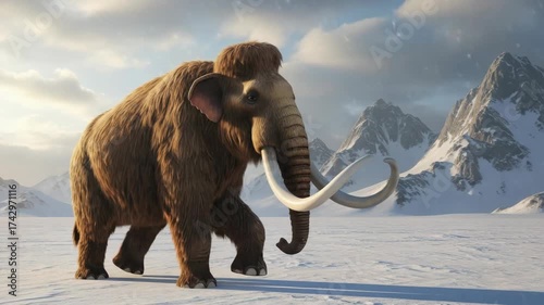 woolly mammoth with thick brown fur and impressive curved tusks stands proudly on vast snow-covered plain Towering jagged snow-capped mountains rise under cloudy sky