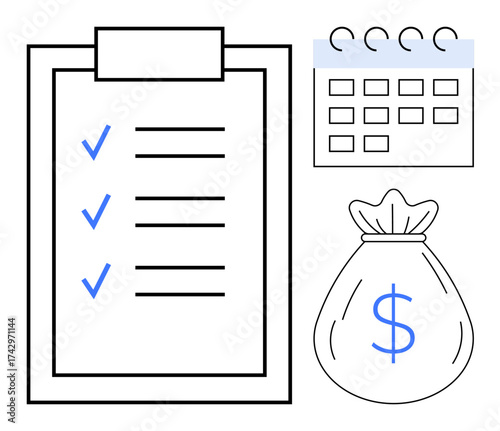 Checklist on clipboard with blue check marks, calendar, and money bag representing financial planning. Ideal for budgeting, time management, goals, savings, organization, productivity simple flat