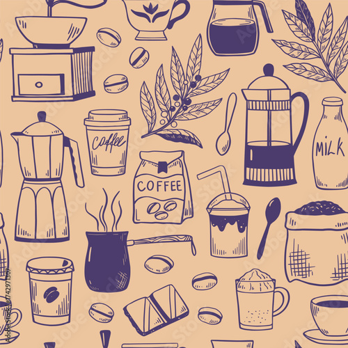 Seamless pattern with coffee pots, coffee cups, grinder and percolator. Black and white vector illustration for menu, packaging.