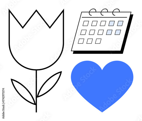 Tulip flower, calendar, and blue heart convey nature, emotions, and planning. Ideal for love, relationships, celebrations nature self-care event planning and positivity concepts. Simple flat