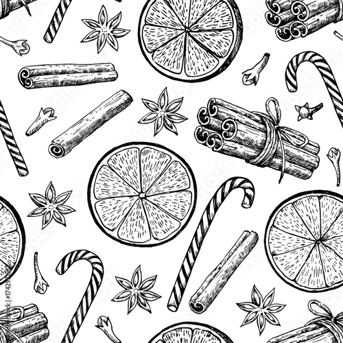 Christmas seamless pattern with orange slices and spices: cinnamon, cloves and star anise. Cozy winter print for holiday design and decor. Vector illustration.