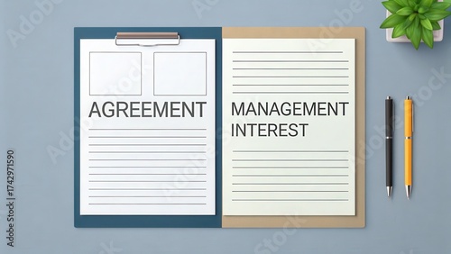 agreement owner management interest concept. Documents on a table related to agreement and management concepts.