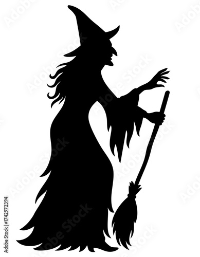Creepy witch with long hand and broom casting spell in darkness, sinister figure from haunted halloween tale