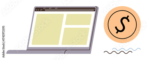 Laptop displaying browser interface alongside dollar icon. Ideal for finance, online business, e-commerce, marketing, digital services, web design, remote work. Simple flat metaphor