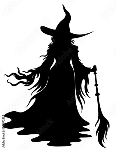 Elegant witch with flowing hair holding a broom, mysterious dark sorceress standing in the night wind