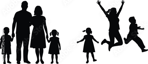 Flat vector silhouette of joyful family jumping and standing together, happy children, energetic mother, playful mood, lifestyle illustration