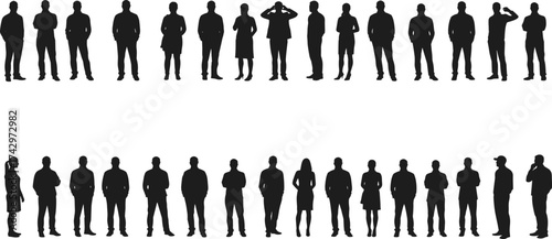 Flat vector silhouettes of diverse people standing in rows, various postures, body language, crowd formation, human behavior, black figures, design