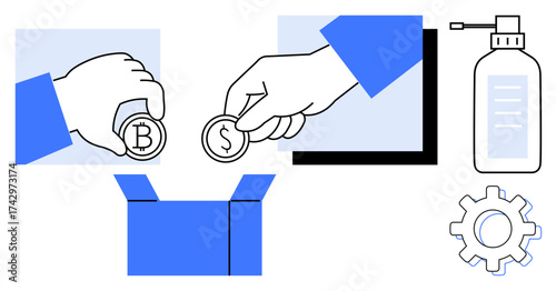 Coins labeled with cryptocurrency and dollar exchanged into a box, gear symbolizing processes, sanitizer for hygiene. Ideal for finance, technology, charity, cryptocurrency, e-commerce, donation