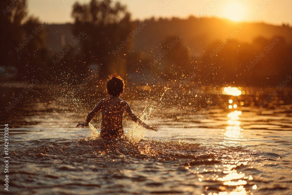 Fototapeta premium Child enjoying the lake at sunset
