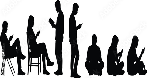 Silhouette people using smartphones and tablets in various seated and standing poses, digital lifestyle concept, modern technology addiction, flat vector