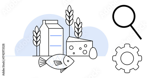 Milk carton, cheese block, fish, wheat stalks, magnifying glass, and gear symbolizing food production, safety, and inspection. Ideal for agriculture inspection food safety production research