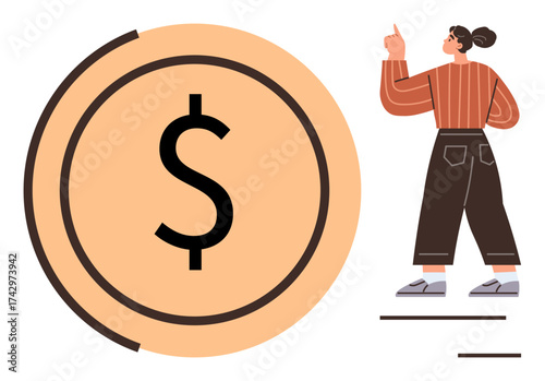 Woman in casual attire pointing at a large coin with a dollar sign, illustrating finance, savings, investment, money management, economic growth, success, and budgeting in a simple flat metaphor