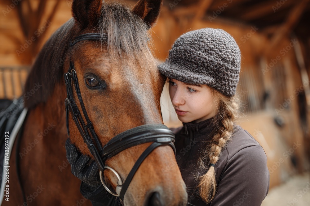 Obraz premium Girl preparing her horse for riding Equestrian