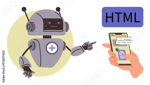 Robot pointing at a smartphone displaying verification inputs and HTML text. Ideal for technology, coding, AI, automation, web development, human-machine interaction, user experience. Simple flat