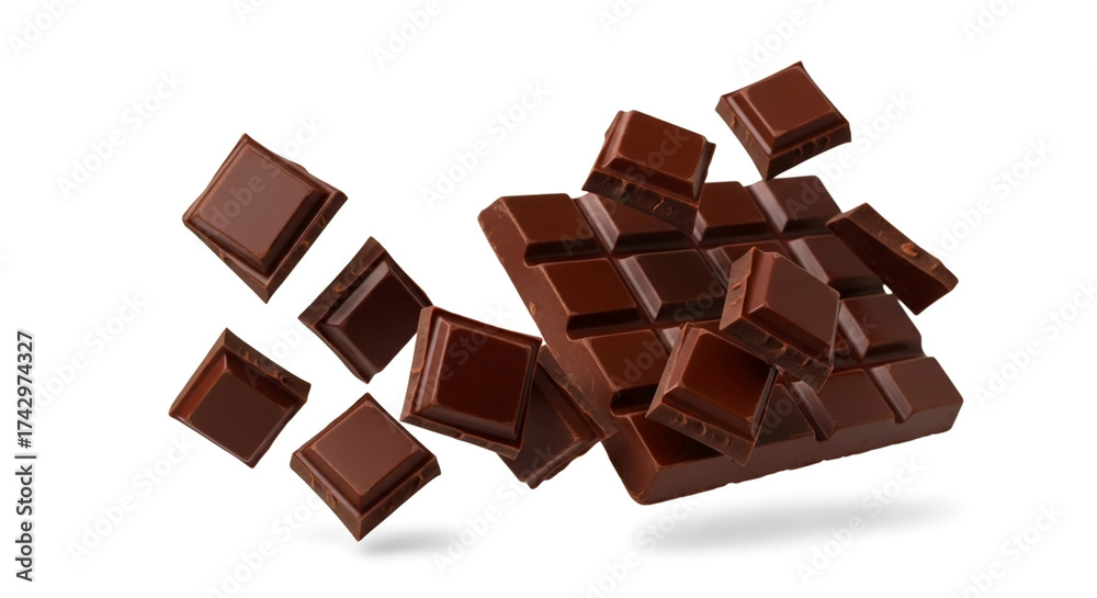 Fototapeta premium dark Chocolate bar blocks falling or flying with chocolate bar, white background, copy space