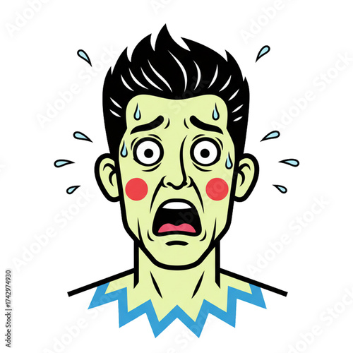Illustration of a man's expression showing fear with wide eyes and open mouth. Isolated on a white background.