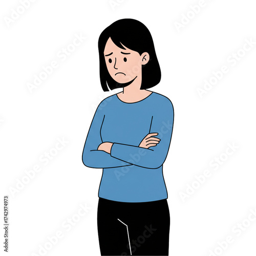 Illustration of a disappointed looking woman with folded arms and pouting.isolated on a white background.