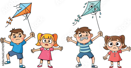 Cartoon children flying kites, kids emotions illustration, happy and sad expressions, childhood play, problem-solving, learning activity, outdoor fun, art