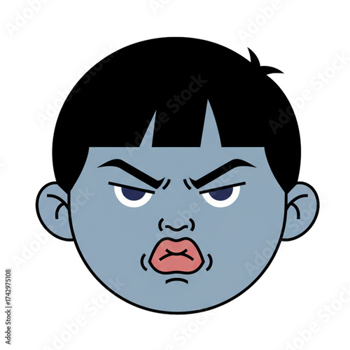 Illustration of a sulking boy's facial expression with pouting lips and angry eyes. isolated on a white background.