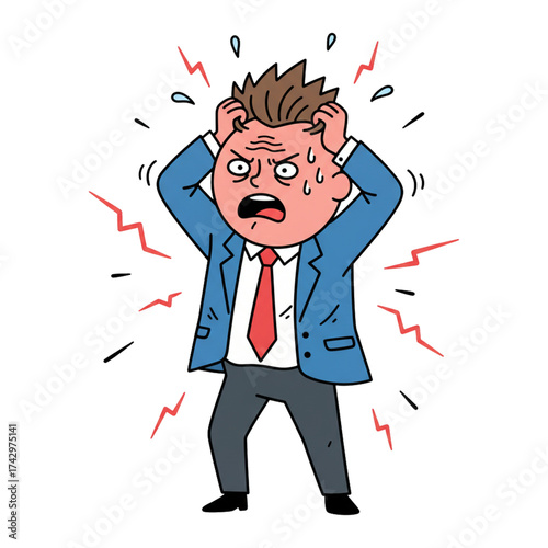Illustration of a frustrated businessman pulling his hair with a facial expression. Isolated on a white background.