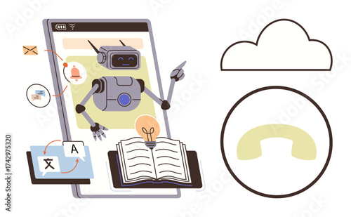 Robot inside smartphone with open book, translation app, lightbulb, cloud, and call icon. Ideal for AI, learning, technology communication innovation automation digital tools. Simple flat