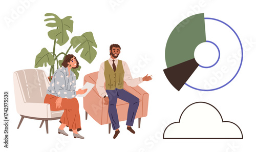 Colleagues seated on modern furniture discussing a project near graphical chart elements. Ideal for business, teamwork, strategy, analytics, data sharing, office culture, cooperation. Simple flat