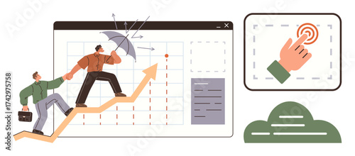 Two individuals climb a rising arrow as one shields with an umbrella, symbolizing teamwork and protection. A hand clicks a digital interface icon. Ideal for growth, leadership, success