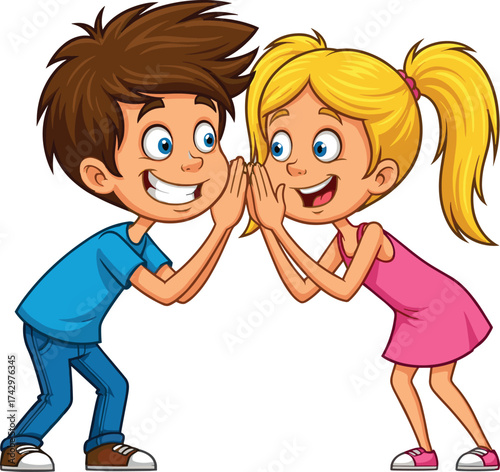 Cartoon children whispering secrets, kids communication illustration, friendship concept, playful interaction, childhood emotions, social learning, sharing, imagination, art