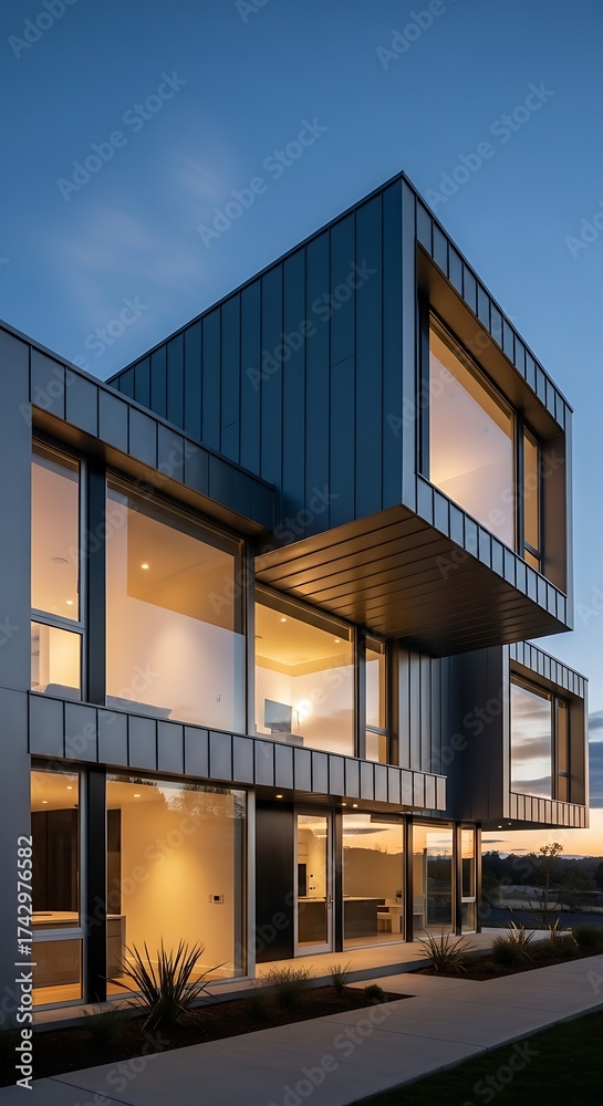 Fototapeta premium Modern Minimalist House Design at Dusk.