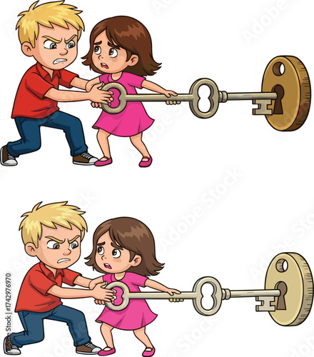 Cartoon man and woman conflict, key struggle illustration, symbolic access, control dispute, unlocking concept, metaphor, teamwork challenge, relationship art