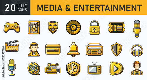 20 Media and Entertainment Line Icons – Music, Video, Game Controller, Microphone, Film, Headphones, Radio, TV Symbols