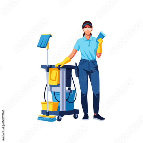 Cleaning service worker with cart and supplies, ready for work