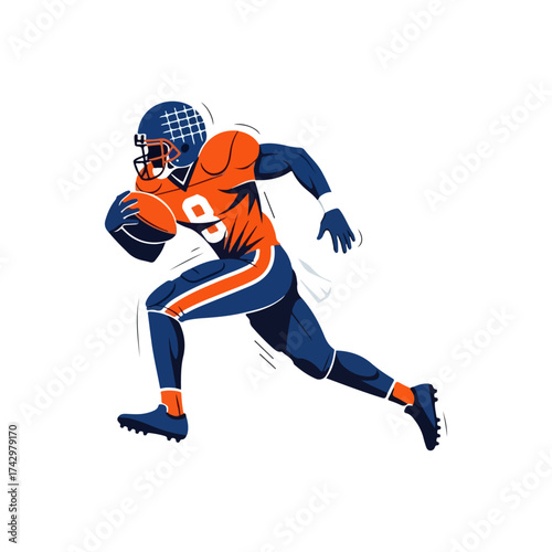 Football player running with ball, orange and blue uniform
