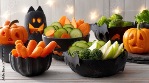 Fototapeta Naklejka Na Ścianę i Meble -  Healthy Halloween snack display with fresh vegetables and fruits in spooky black bowls shaped like bats and pumpkins, surrounded by carved jack-o’-lanterns and festive lights