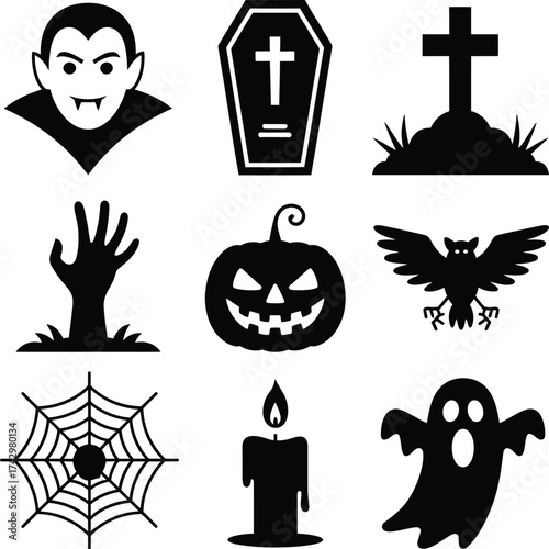 Halloween icons vampire coffin tombstone zombie pumpkin bat spiderweb candle ghost